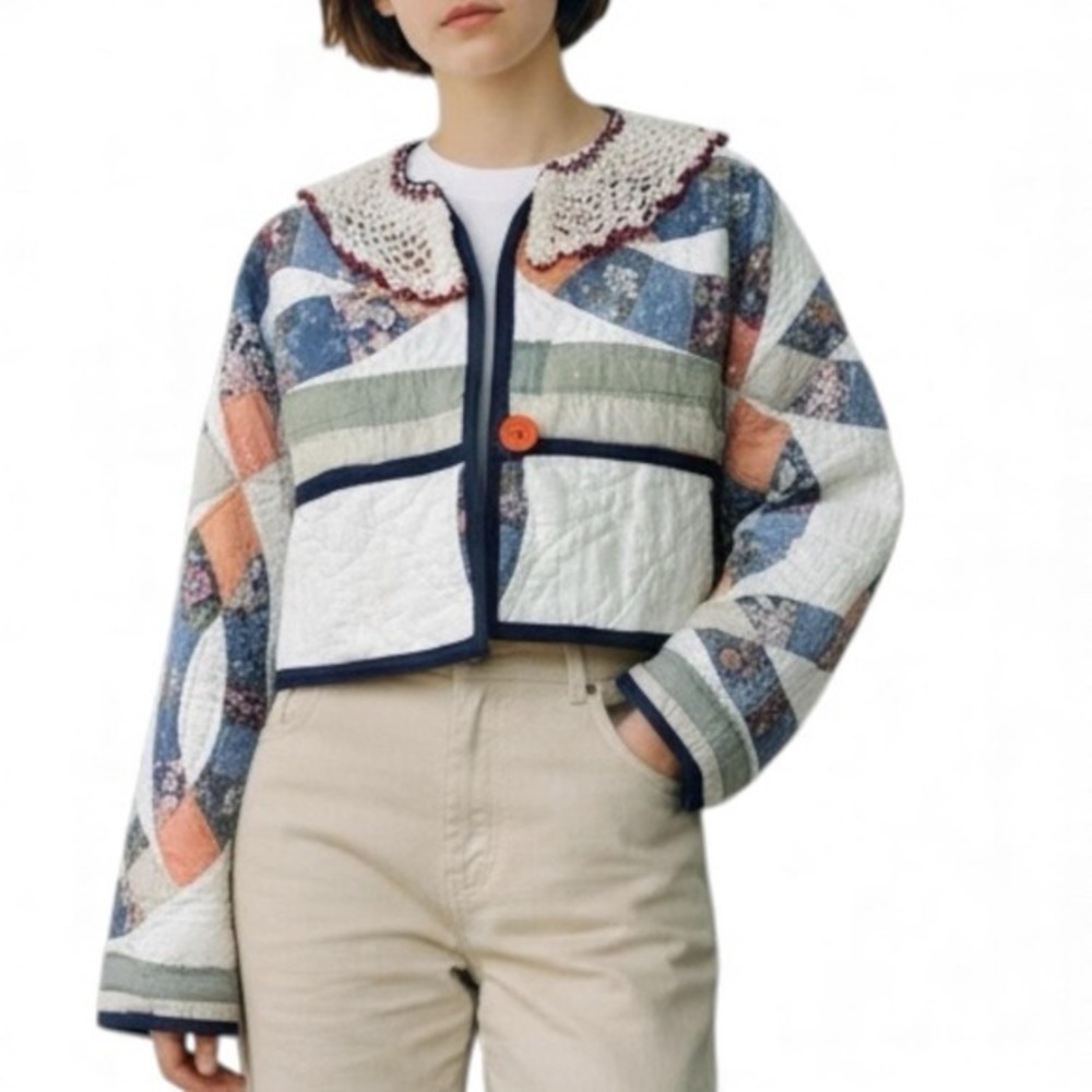 Handmade Cropped Bog Jacket  Vintage Doily & Double Wedding Ring Quilt | Size XL